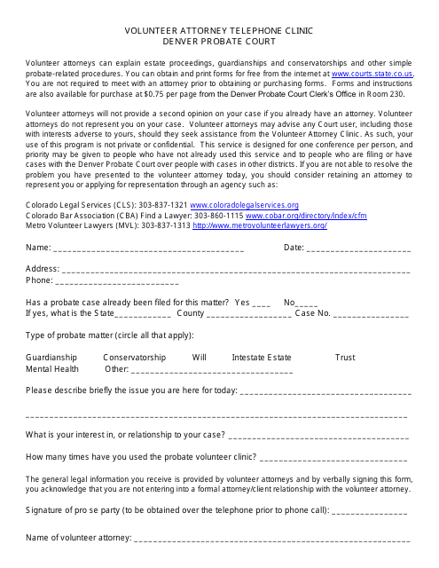 Volunteer Attorney Telephone Clinic Sign in Sheet - Denver Probate Court - Colorado Download Pdf