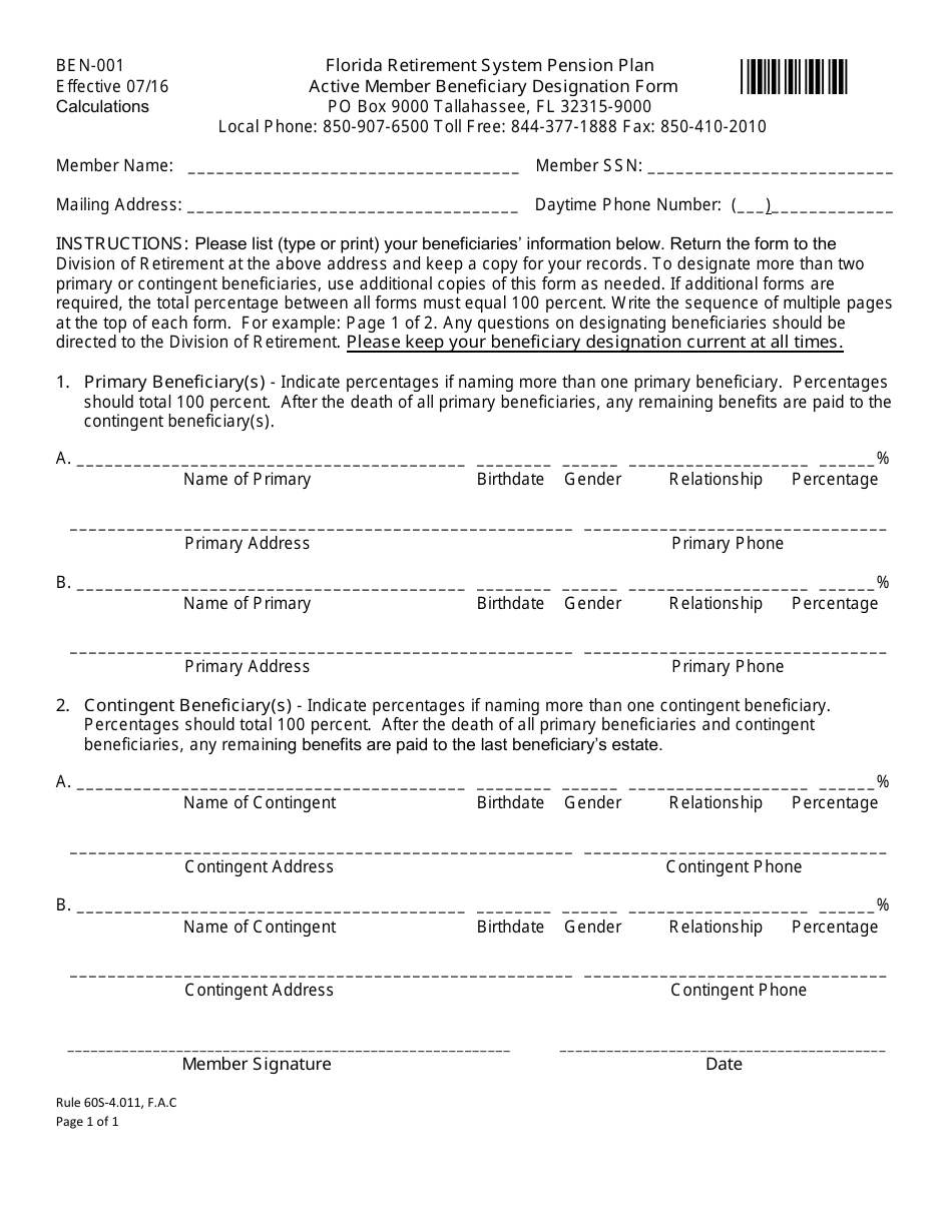 Form BEN-001 Active Member Beneficiary Designation Form - Florida, Page 2
