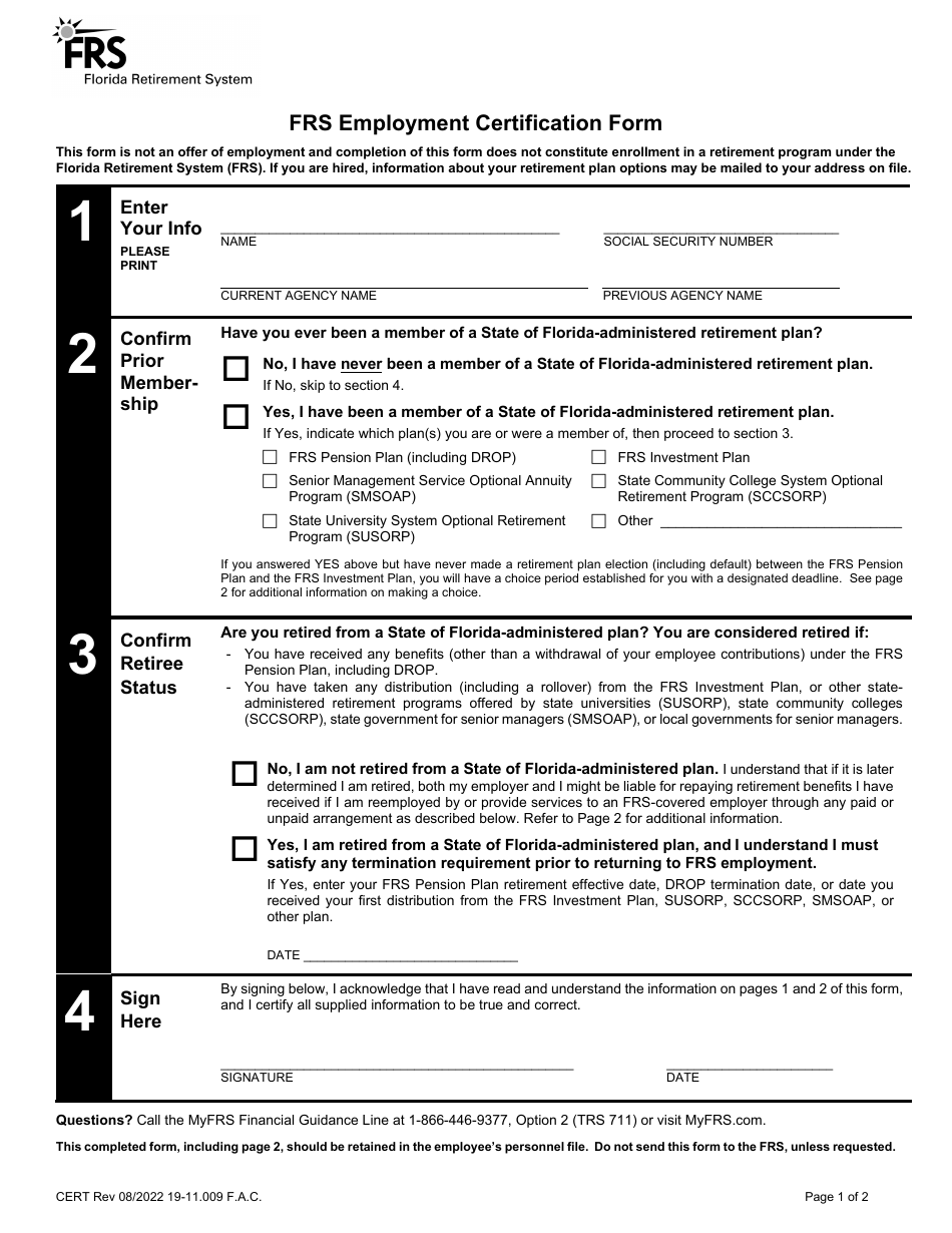 Form CERT Frs Employee Certification Form - Florida, Page 1