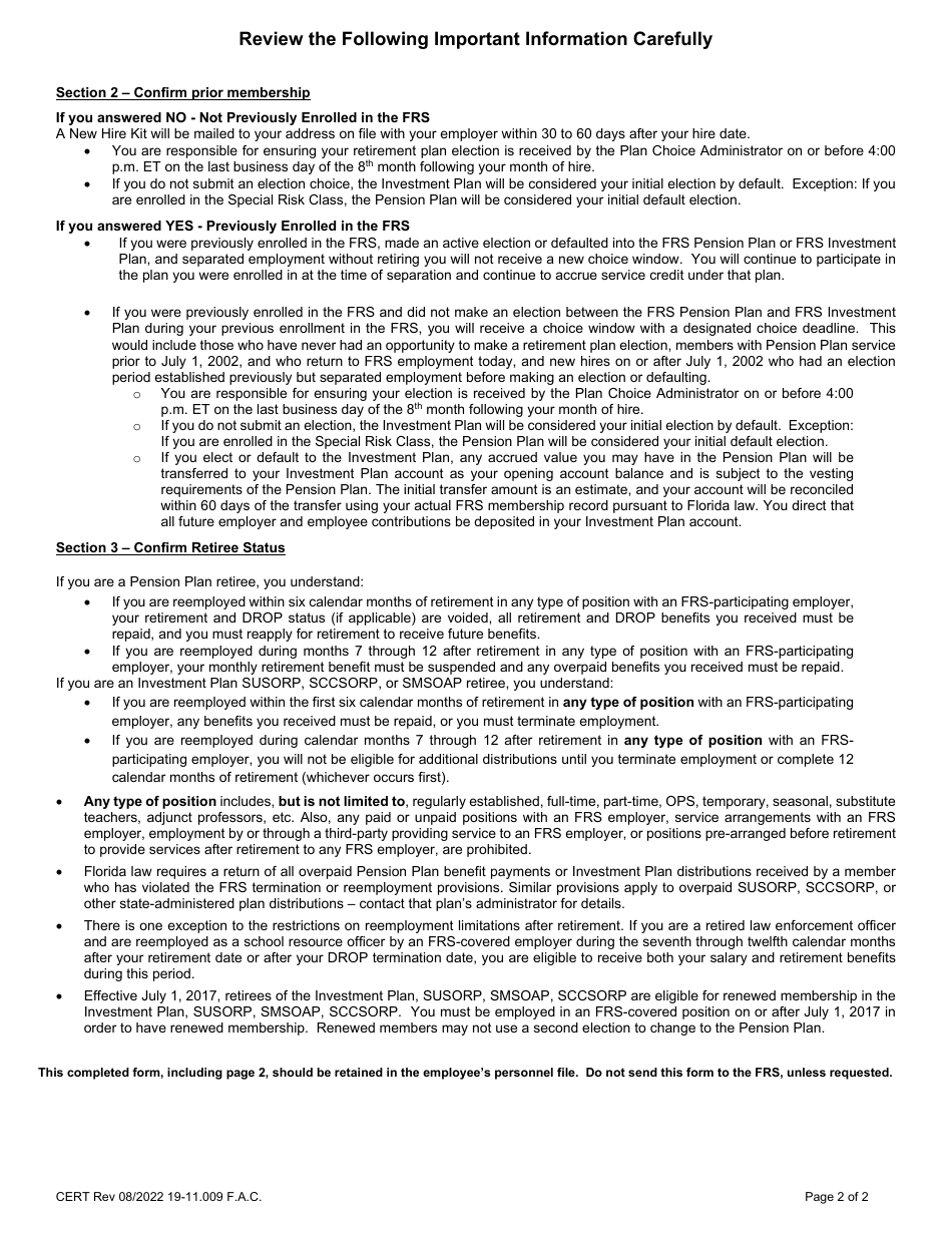 Form CERT Frs Employee Certification Form - Florida, Page 2