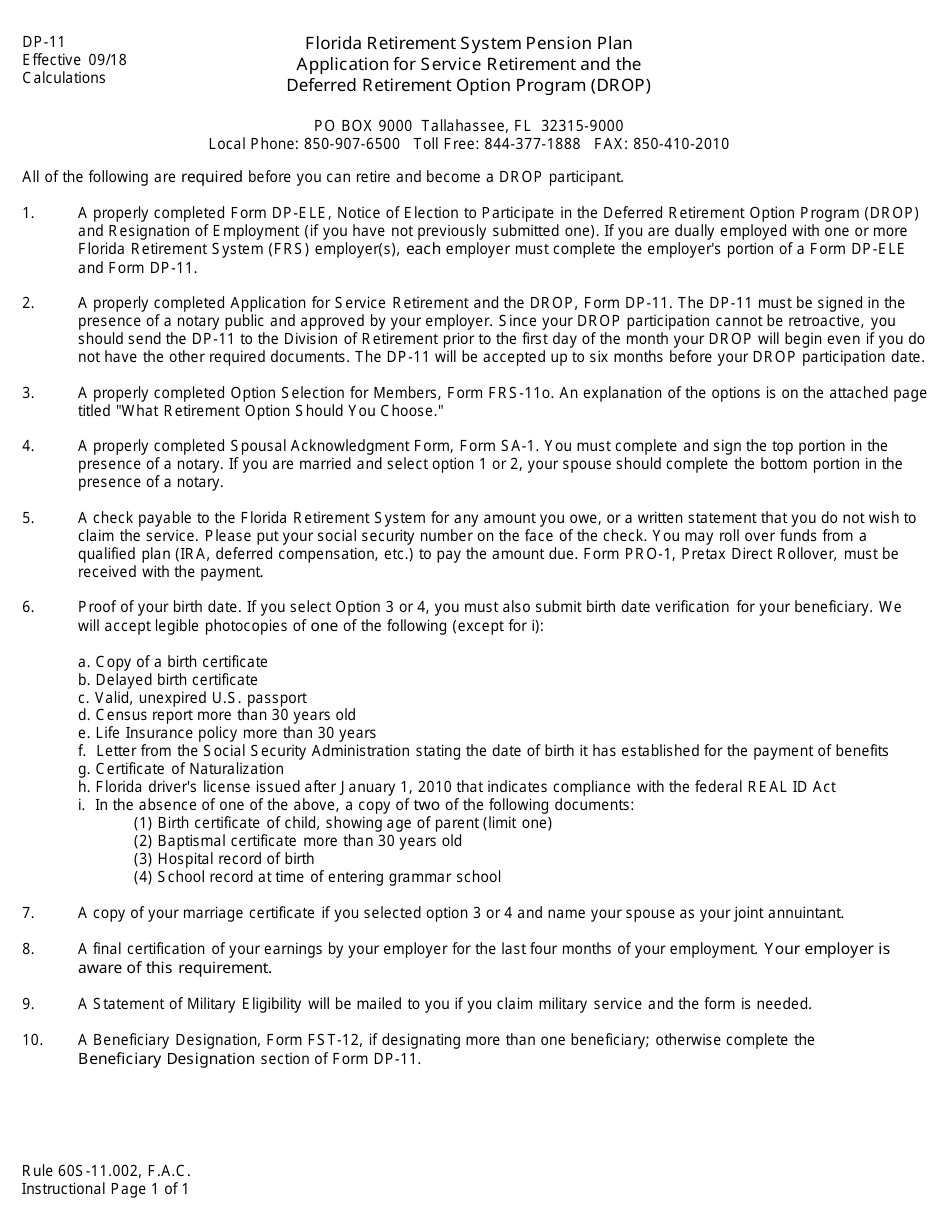 Form DP-11 Application for Service Retirement and the Deferred Retirement Option Program (Drop) - Florida, Page 1