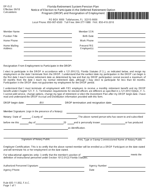 Form DP-ELE Notice of Election to Participate in the Deferred Retirement Option Program (Drop) and Resignation of Employment - Florida