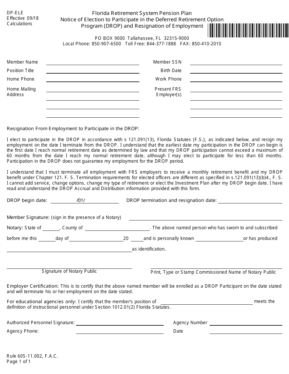 Form DP-ELE Notice of Election to Participate in the Deferred Retirement Option Program (Drop) and Resignation of Employment - Florida, Page 1