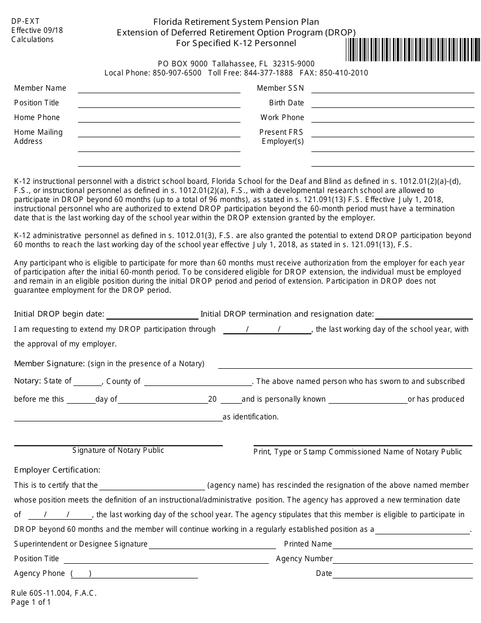 Form DP-EXT Extension of Deferred Retirement Option Program (Drop) for Specified K-12 Personnel - Florida, Page 1