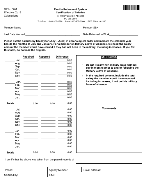 Form DPR-100M Certification of Salaries - Florida