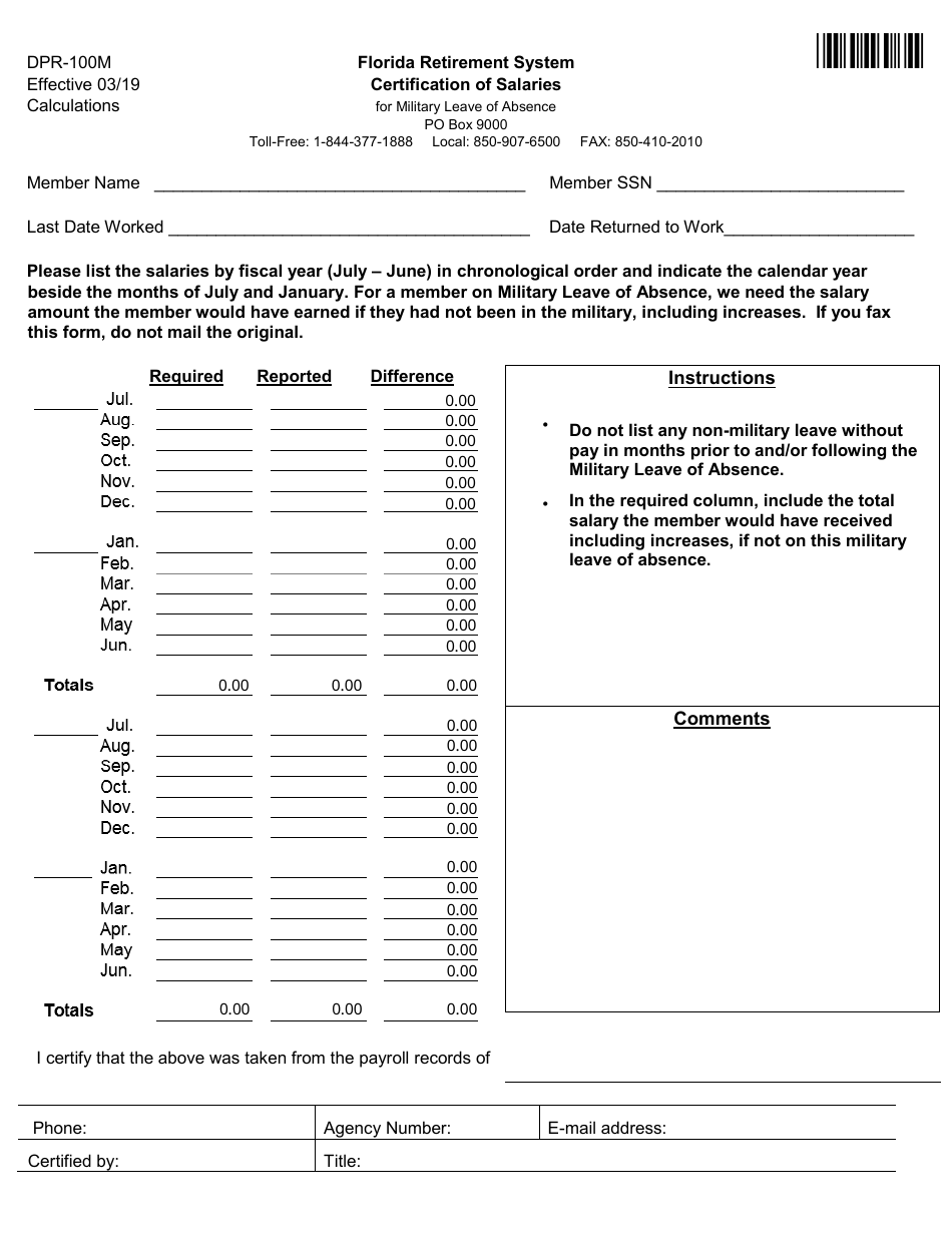 Form DPR-100M Certification of Salaries - Florida, Page 1