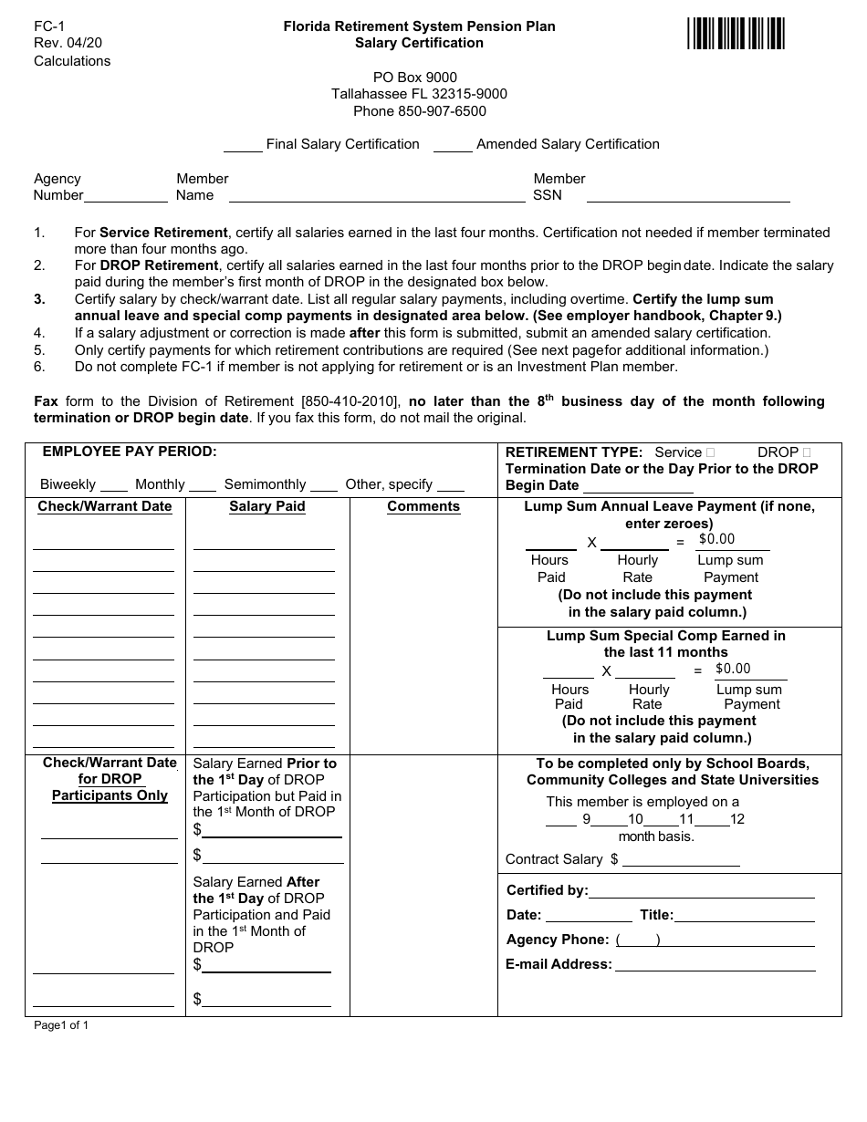 Form FC-1 Salary Certification - Florida, Page 1