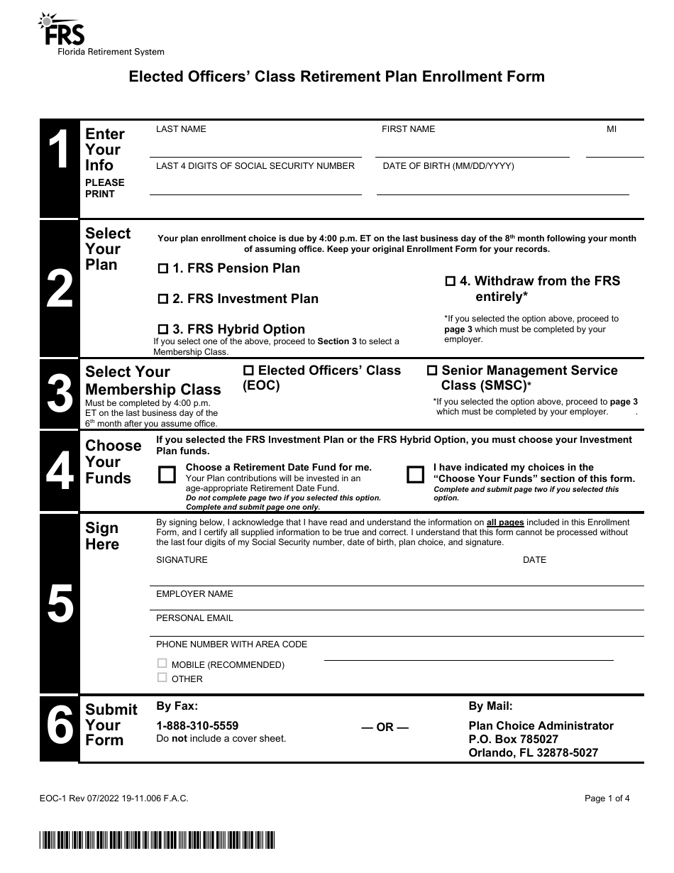 Form EOC-1 Elected Officers Class Retirement Plan Enrollment Form - Florida, Page 1