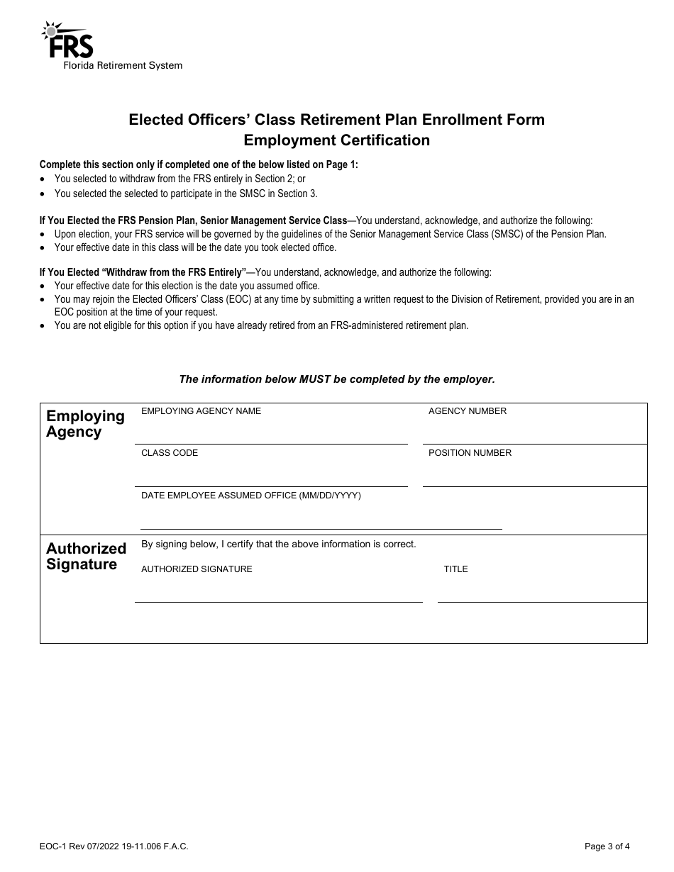 Form EOC-1 Elected Officers Class Retirement Plan Enrollment Form - Florida, Page 3