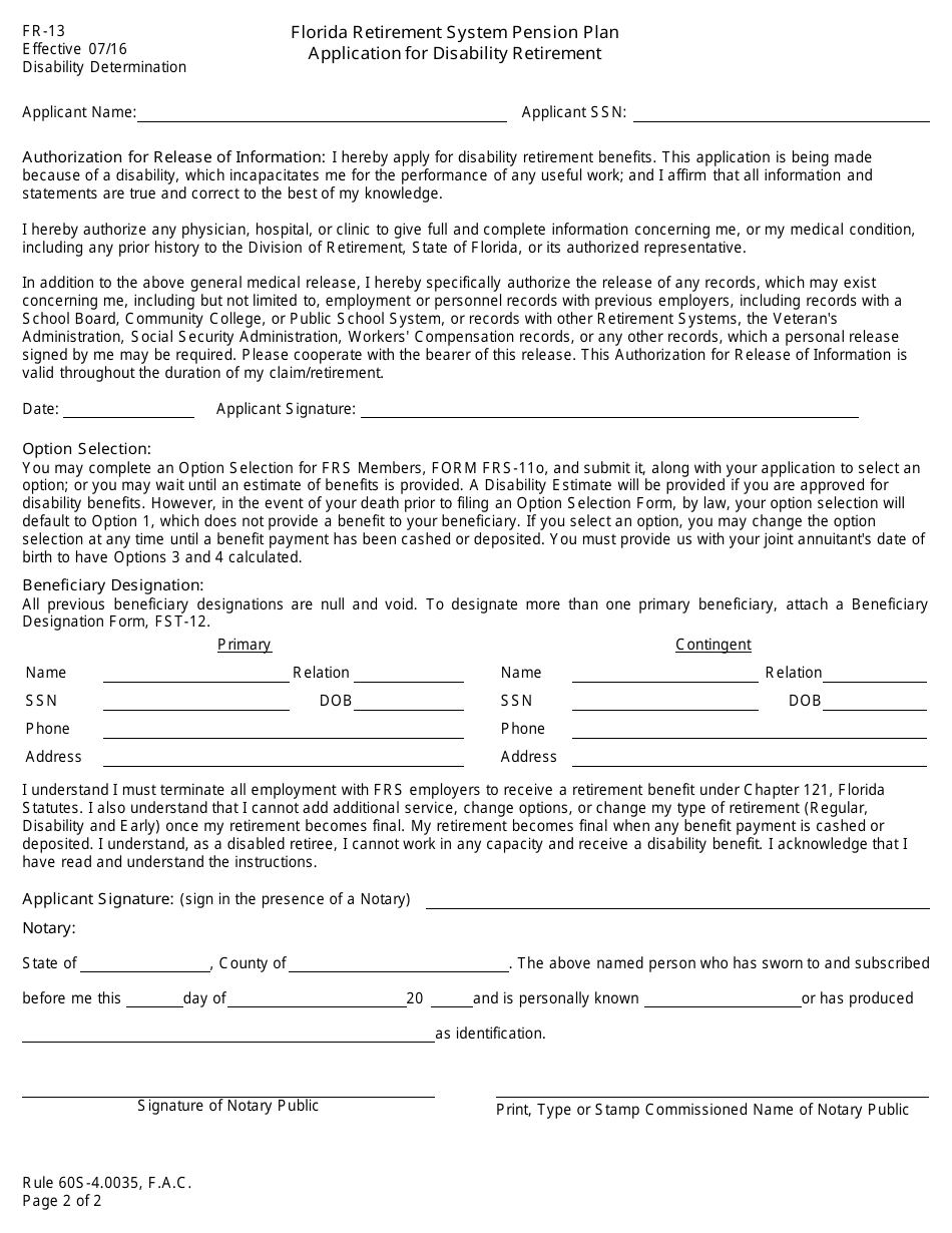 Form FR-13 Application for Disability Retirement - Florida, Page 5