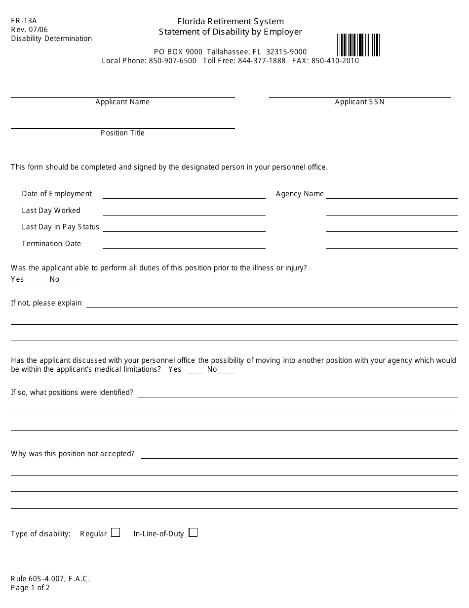 Form FR13A Fill Out, Sign Online and Download Fillable PDF, Florida