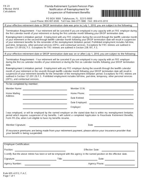 Form FR-23 Notification of Reemployment for Suspension of Retirement Benefits - Florida