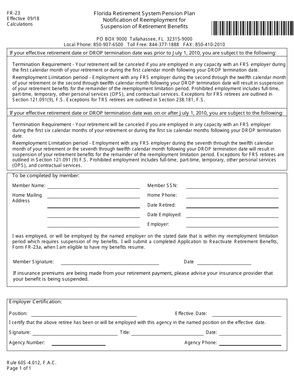 Form FR-23 Notification of Reemployment for Suspension of Retirement Benefits - Florida, Page 1