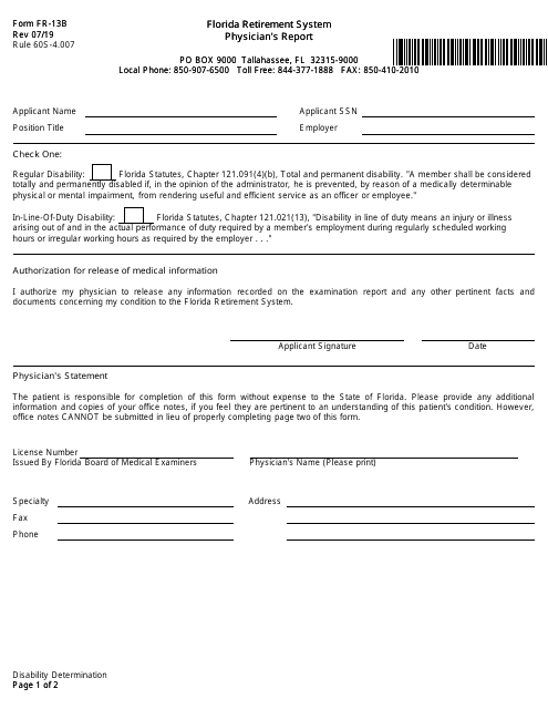 Form FR-13B Physician's Report - Florida