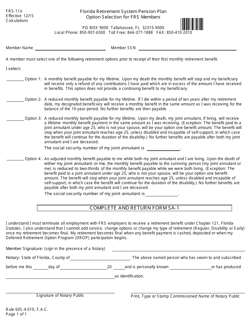 Form FRS-11O Option Selection for Frs Members - Florida, Page 1