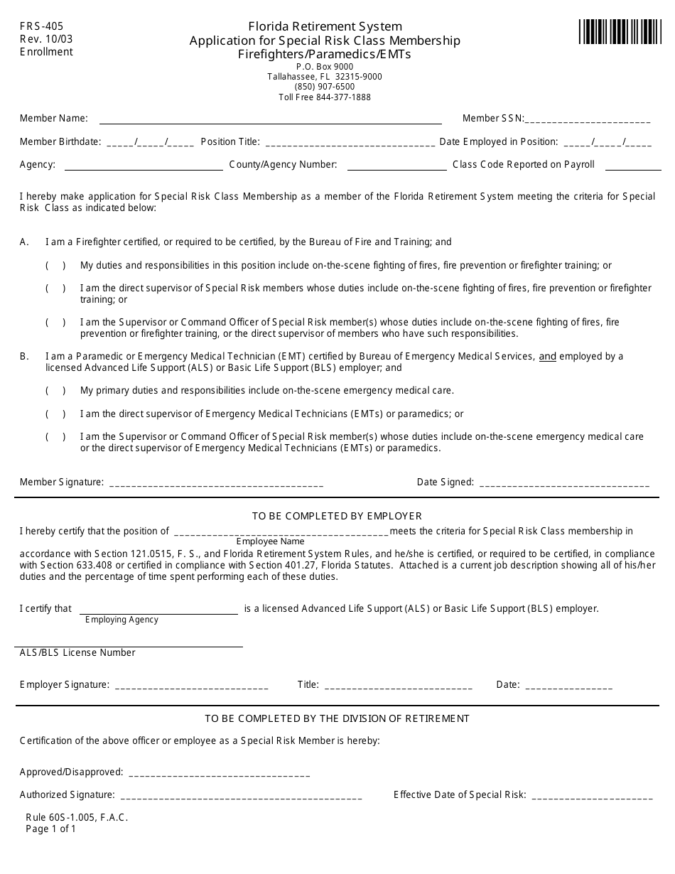 Form FRS-405 - Fill Out, Sign Online and Download Fillable PDF, Florida ...