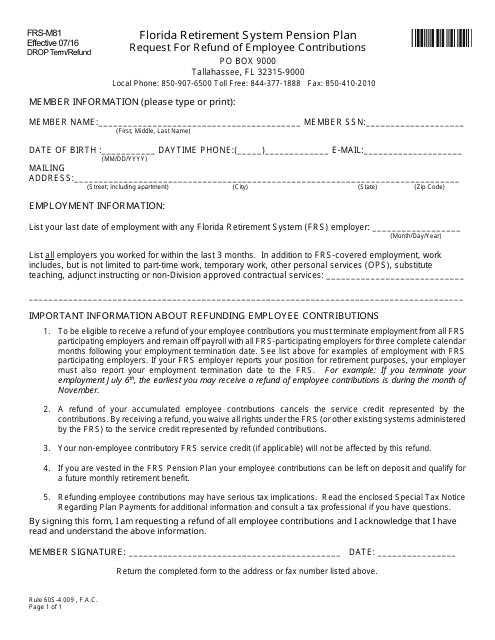Form FRS-M81 Request for Refund of Employee Contributions - Florida