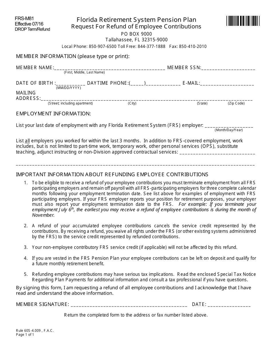 Form FRS-M81 Request for Refund of Employee Contributions - Florida, Page 1