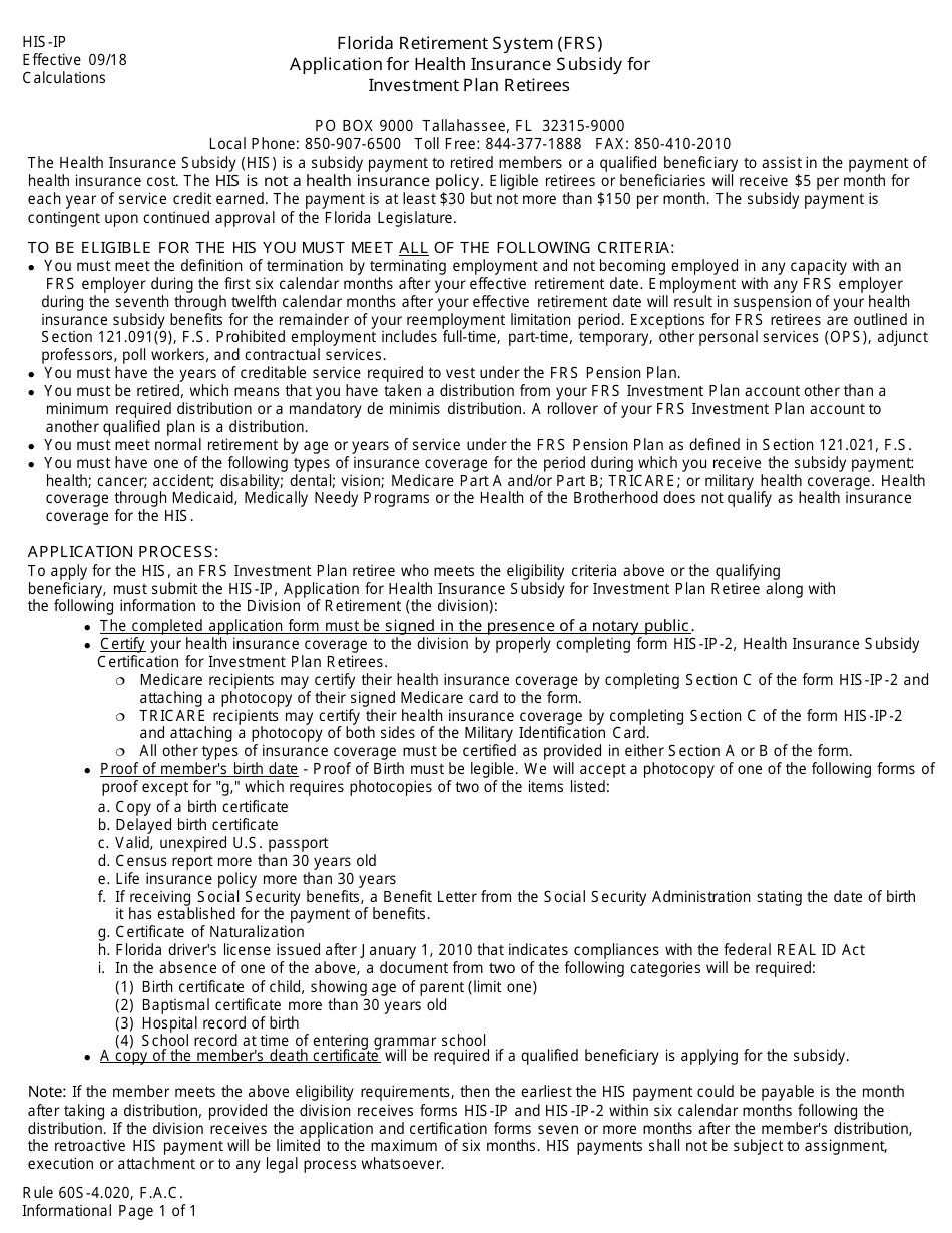 Form HIS-IP Application for Health Insurance Subsidy for Investment Plan Retirees - Florida, Page 1
