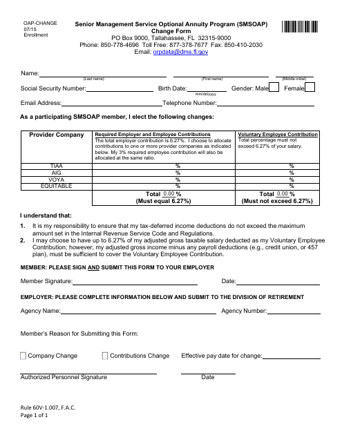 Form OAP-CHANGE Senior Management Service Optional Annuity Program (Smsoap) Change Form - Florida