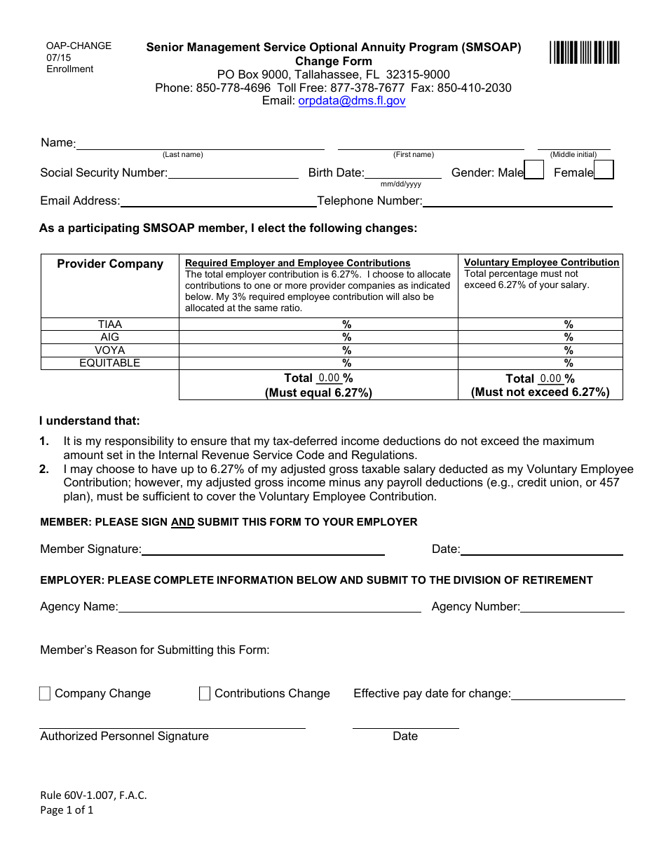 Form OAP-CHANGE Senior Management Service Optional Annuity Program (Smsoap) Change Form - Florida, Page 1
