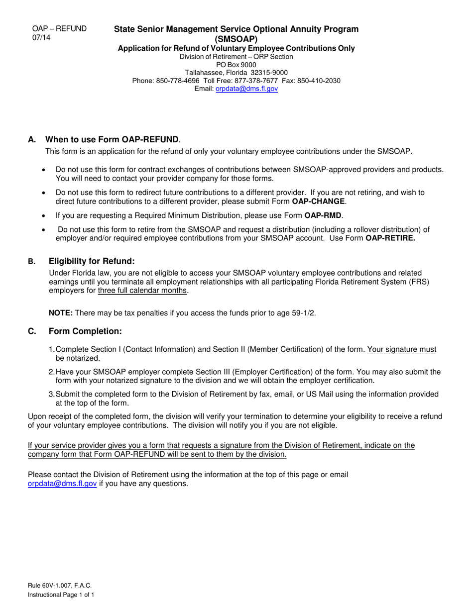 Form OAP-REFUND Application for Refund of Voluntary Employee Contributions Only - State Senior Management Service Optional Annuity Program (Smsoap) - Florida, Page 1