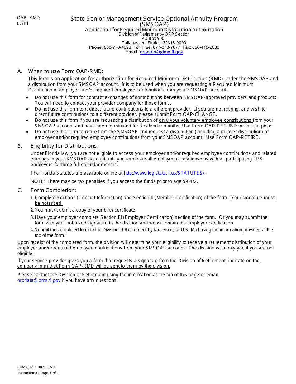 Form OAP-RMD Application for Required Minimum Distribution Authorization - State Senior Management Service Optional Annuity Program (Smsoap) - Florida, Page 1