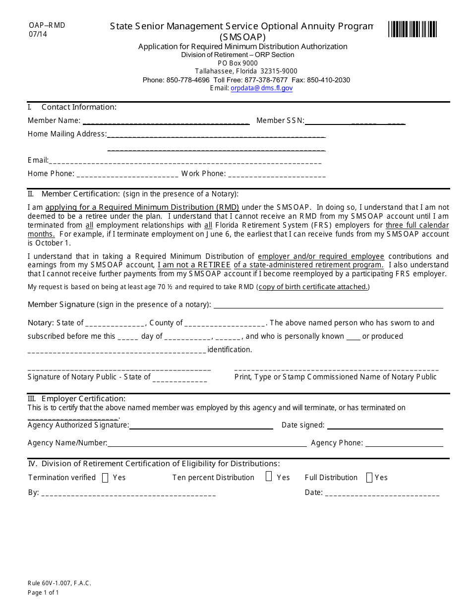 Form OAP-RMD Application for Required Minimum Distribution Authorization - State Senior Management Service Optional Annuity Program (Smsoap) - Florida, Page 2