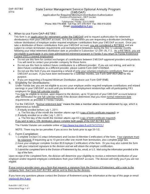 Form OAP-RETIRE State Senior Management Service Optional Annuity Program (Smsoap) Application for Retirement and Initial Distribution Statement - Florida