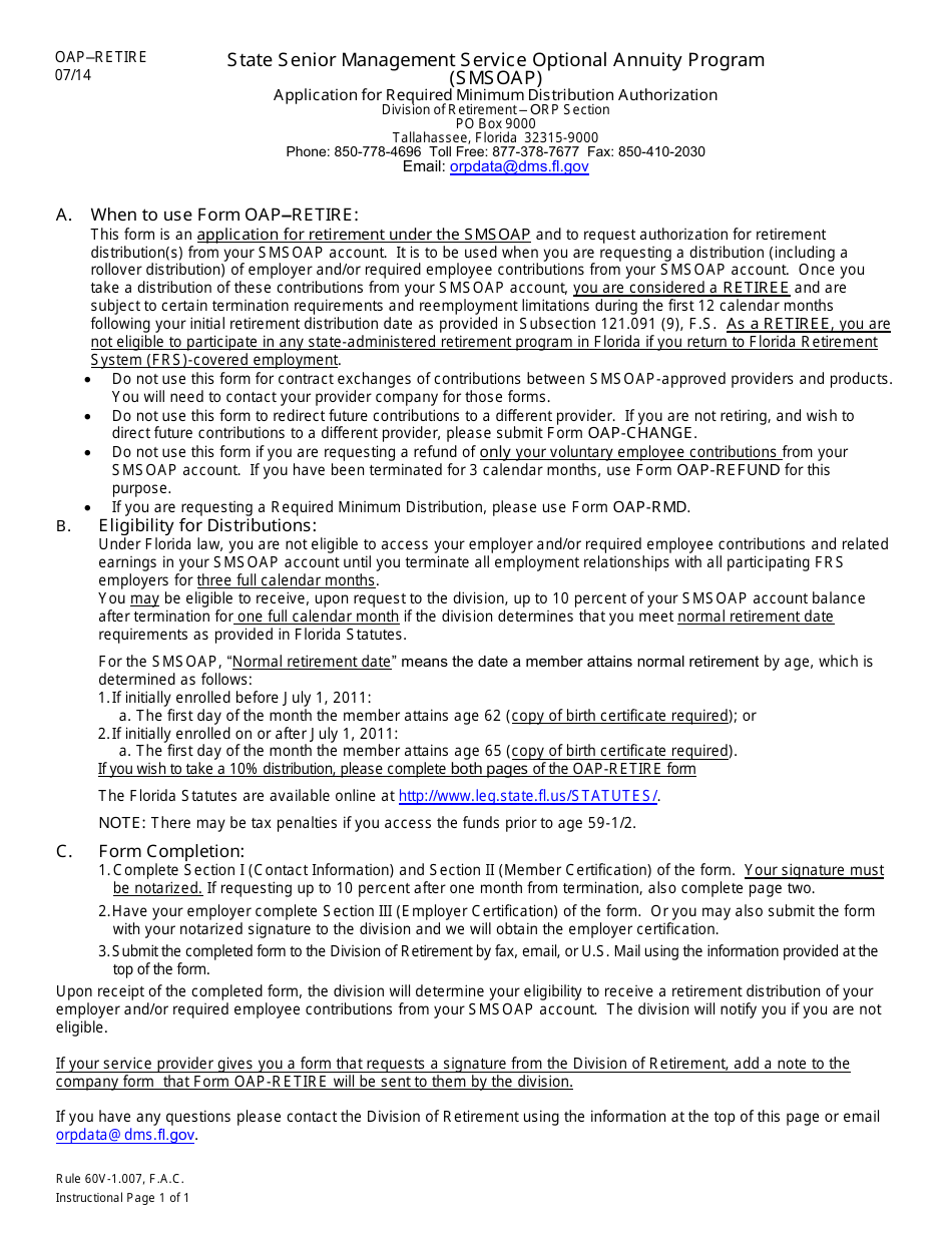 Form OAP-RETIRE State Senior Management Service Optional Annuity Program (Smsoap) Application for Retirement and Initial Distribution Statement - Florida, Page 1