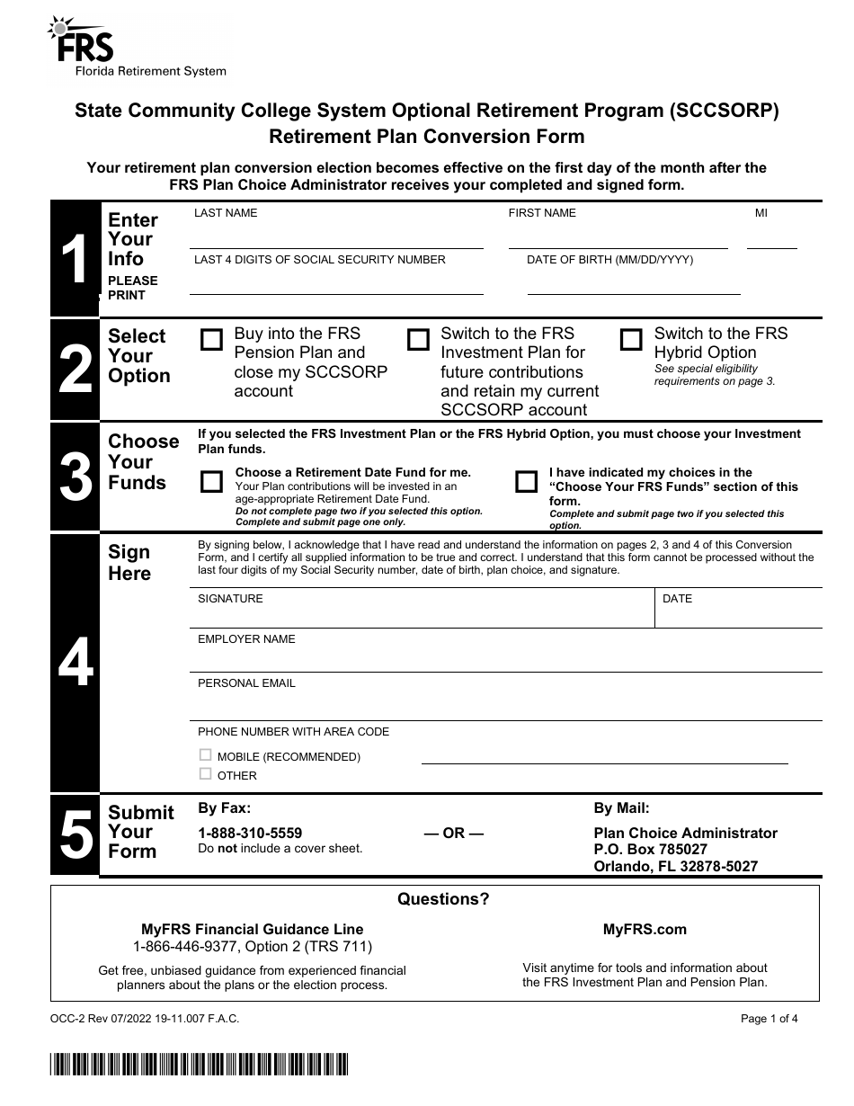 Form OCC-2 State Community College System Optional Retirement Program (Sccsorp) Retirement Plan Conversion Form - Florida, Page 1