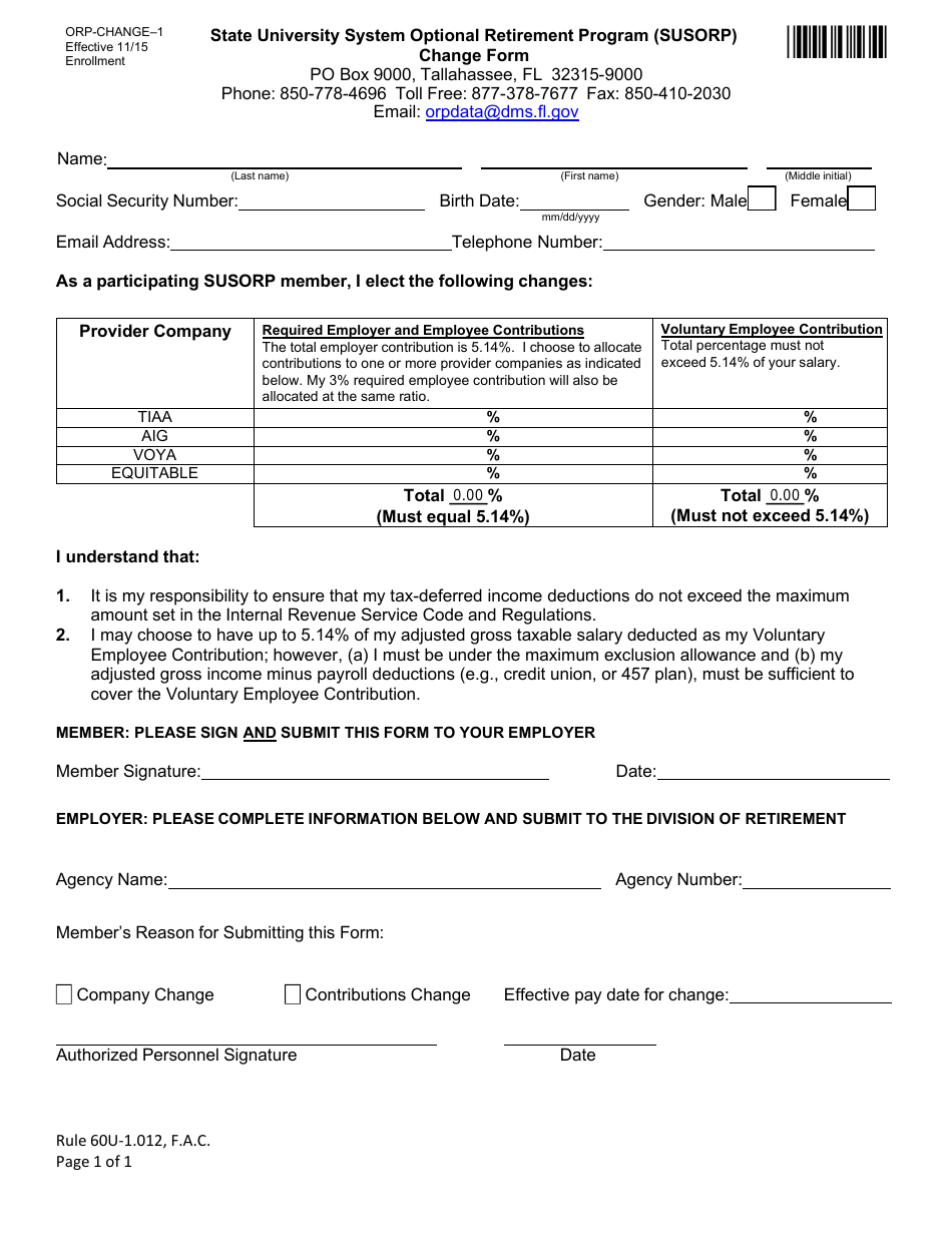 Form ORP-CHANGE-1 State University System Optional Retirement Program (Susorp) Change Form - Florida, Page 1