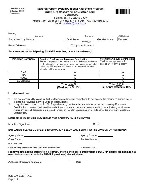 Form ORP-MAND-1 State University System Optional Retirement Program (Susorp) Mandatory Participation Form - Florida