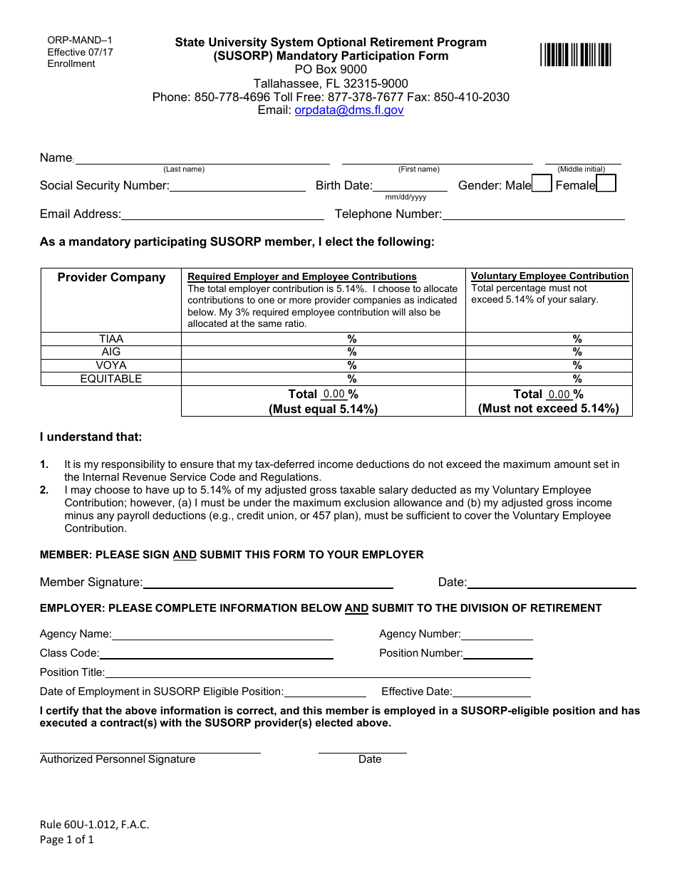 Form ORP-MAND-1 State University System Optional Retirement Program (Susorp) Mandatory Participation Form - Florida, Page 1