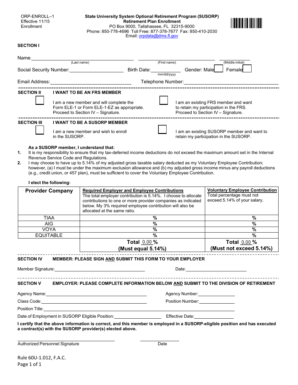 Form ORP-ENROLL-1 State University System Optional Retirement Program (Susorp) Retirement Plan Enrollment - Florida, Page 1