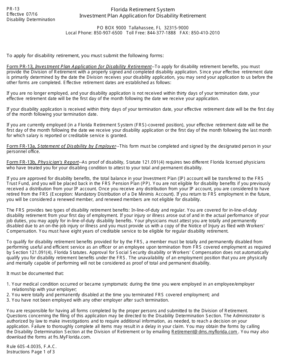 Form PR-13 Investment Plan Application for Disability Retirement - Florida, Page 1