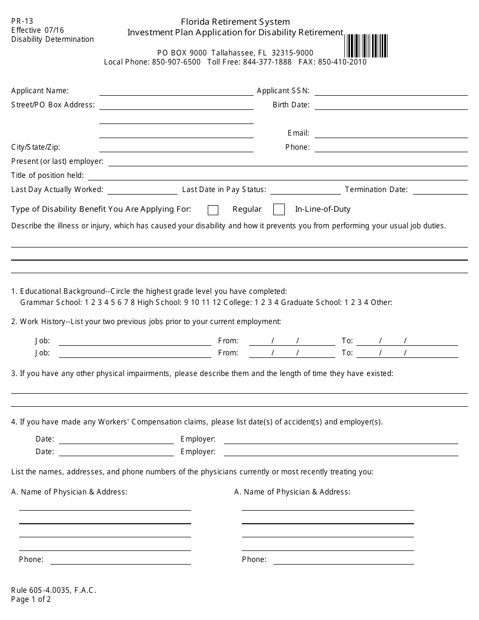 Form PR-13 Investment Plan Application for Disability Retirement - Florida, Page 4