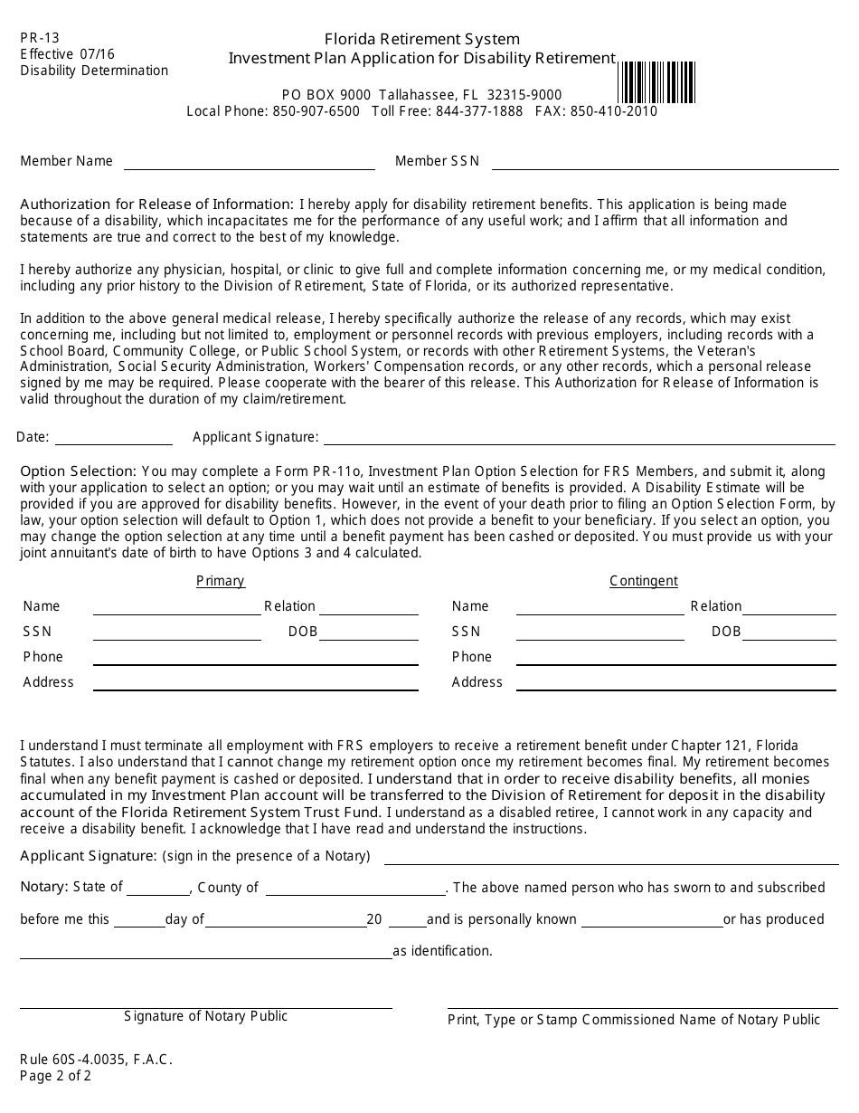 Form PR-13 Investment Plan Application for Disability Retirement - Florida, Page 5