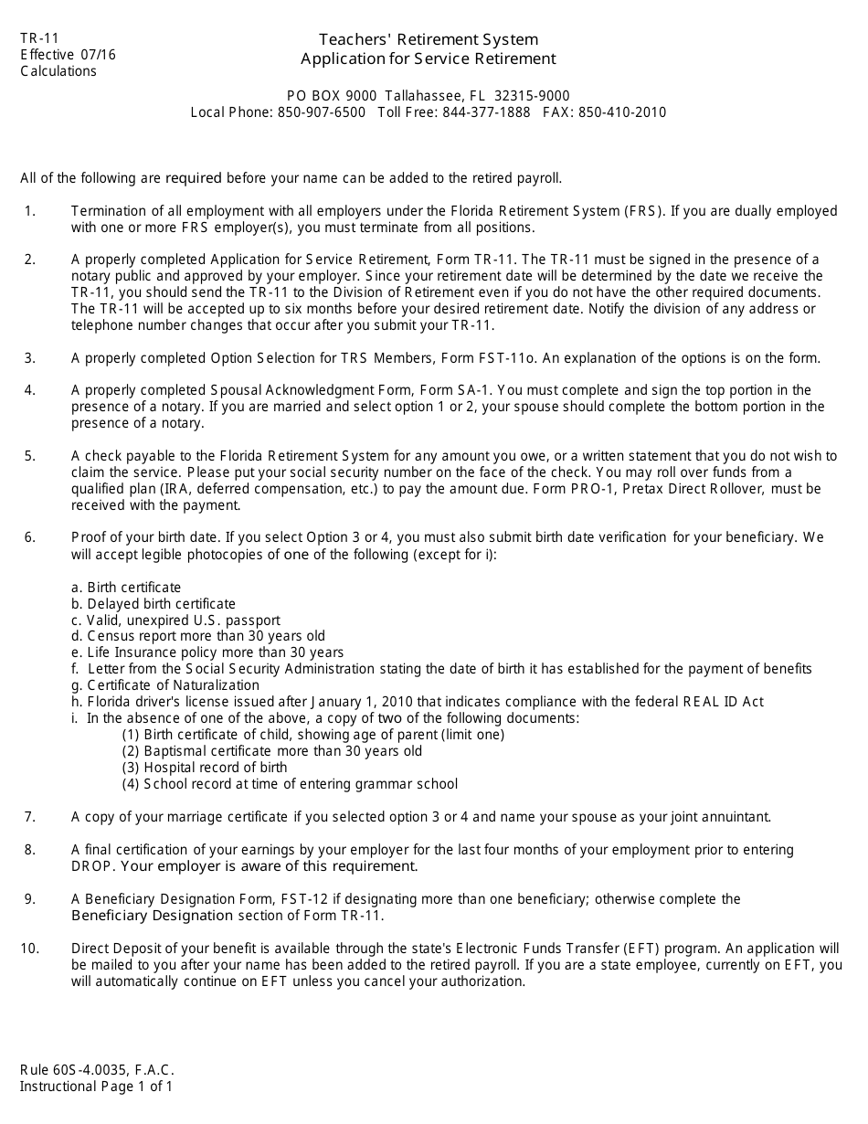 Form TR-11 Teachers Retirement System Application for Service Retirement - Florida, Page 1