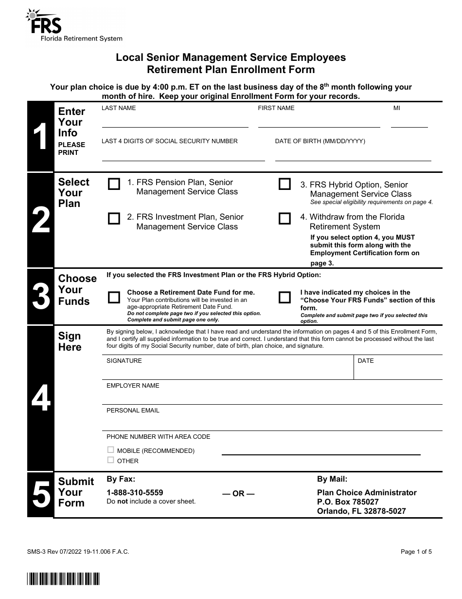 Form SMS-3 Local Senior Management Service Employees Retirement Plan Enrollment Form - Florida, Page 1