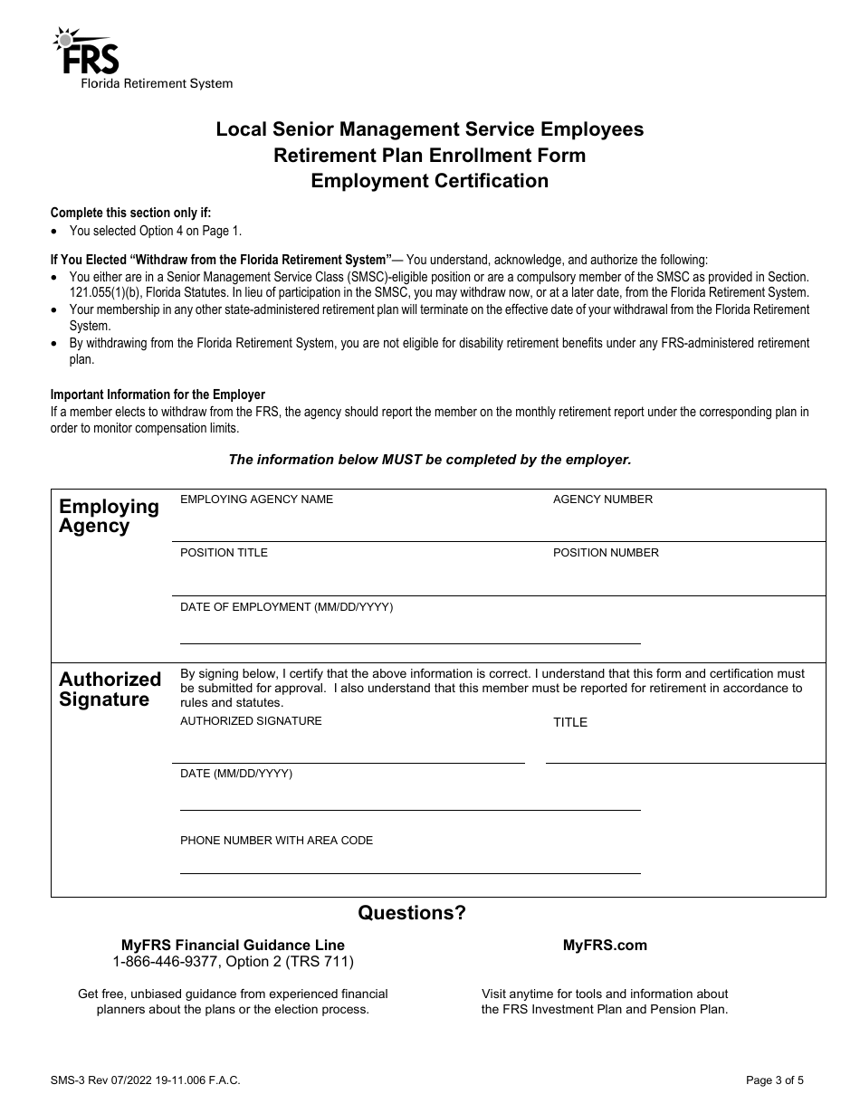 Form SMS-3 Local Senior Management Service Employees Retirement Plan Enrollment Form - Florida, Page 3