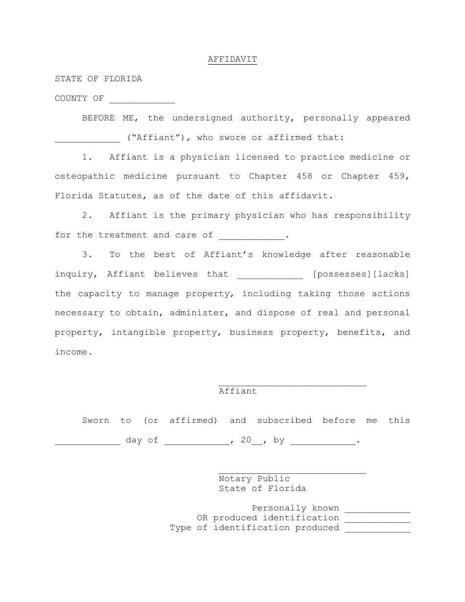 Power of Attorney Affidavit for Physicians - Florida, Page 1