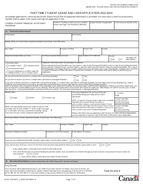 Form ESDC SDE0031 Part-Time Student Grant and Loan Application - Canada, 2023