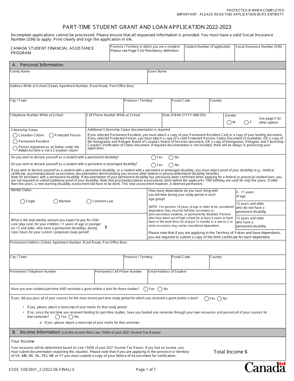 Form ESDC SDE0031 Part-Time Student Grant and Loan Application - Canada, Page 1
