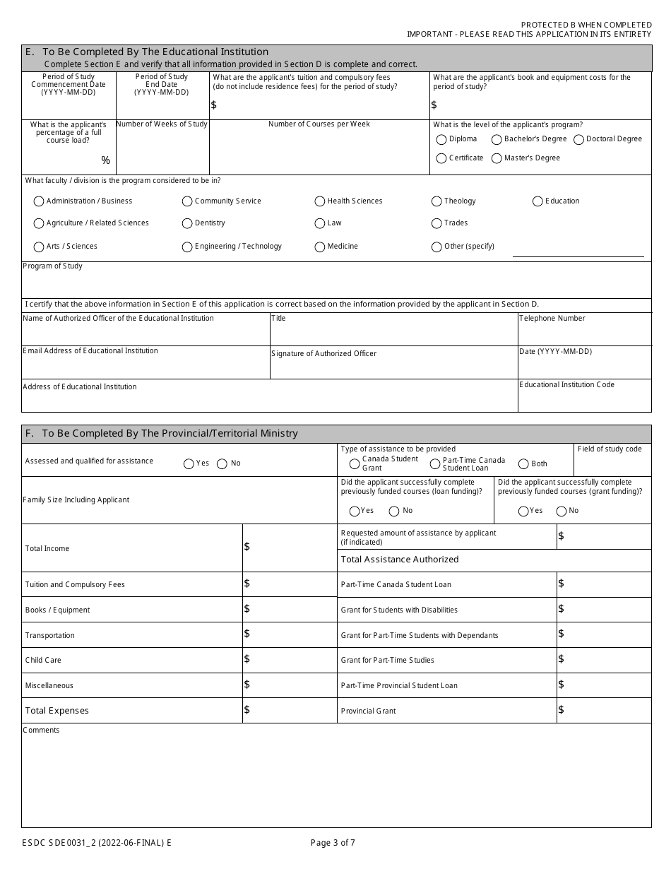 Form ESDC SDE0031 Part-Time Student Grant and Loan Application - Canada, Page 3