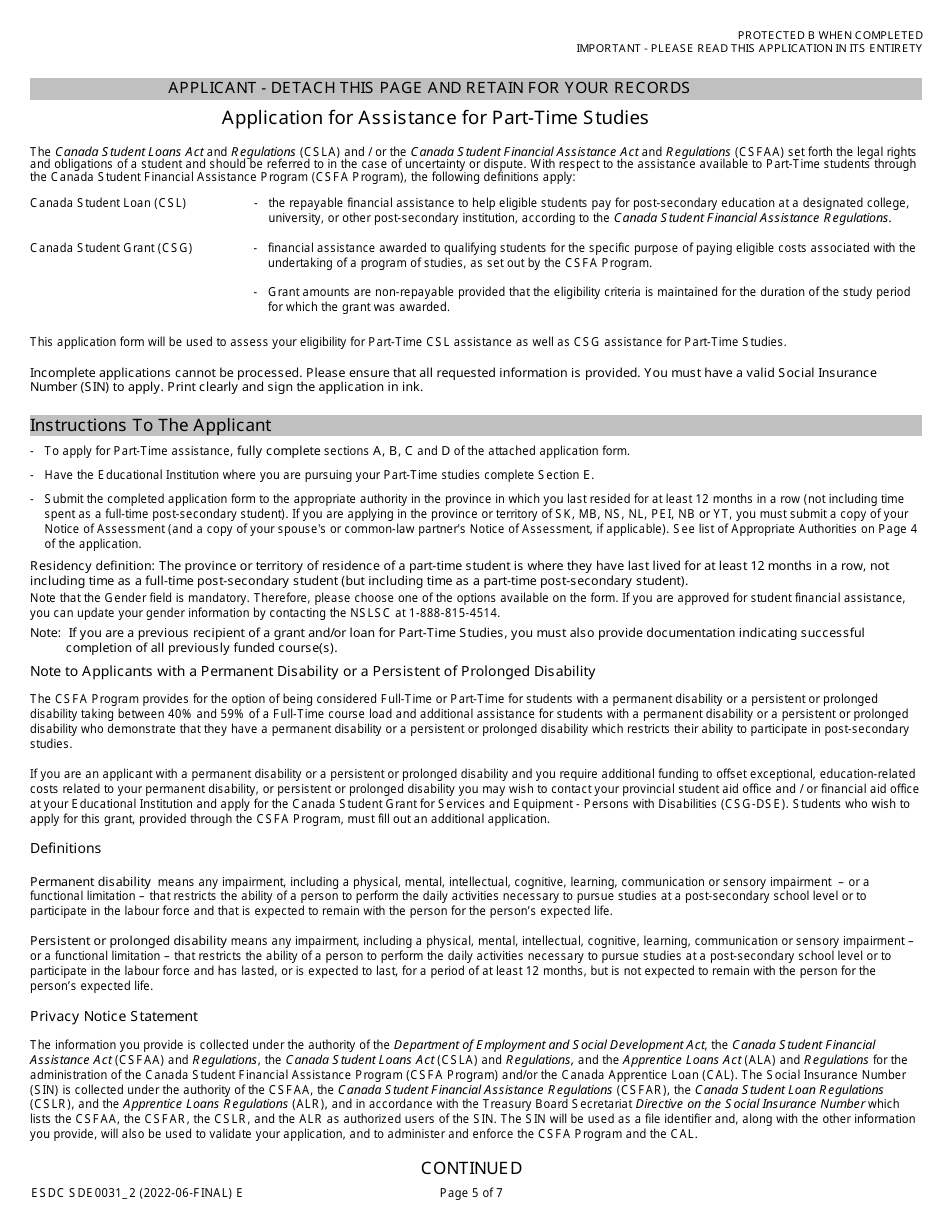 Form ESDC SDE0031 Part-Time Student Grant and Loan Application - Canada, Page 5