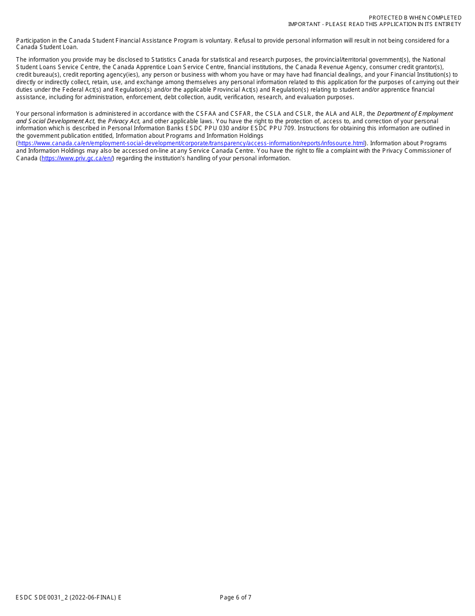 Form ESDC SDE0031 Part-Time Student Grant and Loan Application - Canada, Page 6