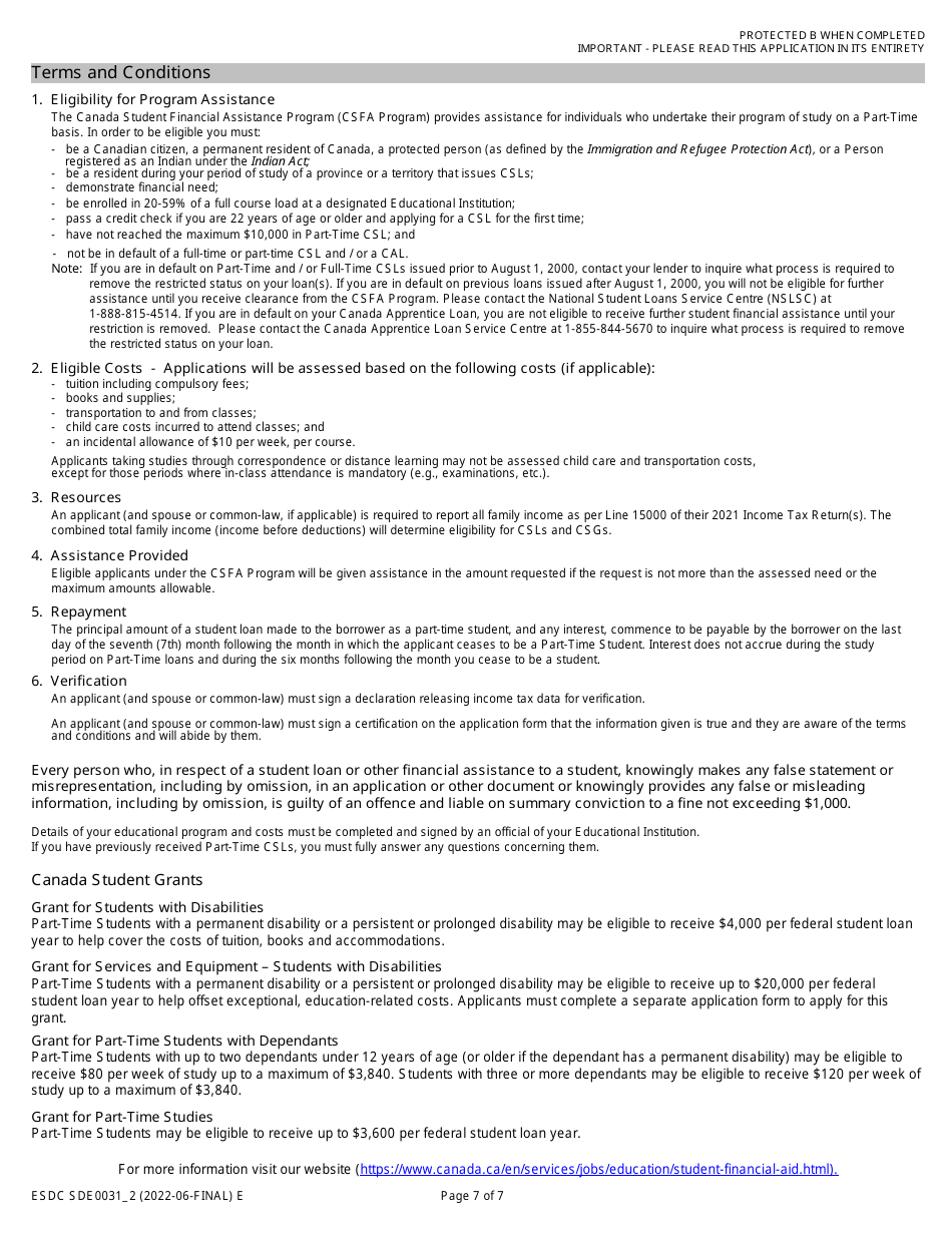 Form ESDC SDE0031 Part-Time Student Grant and Loan Application - Canada, Page 7