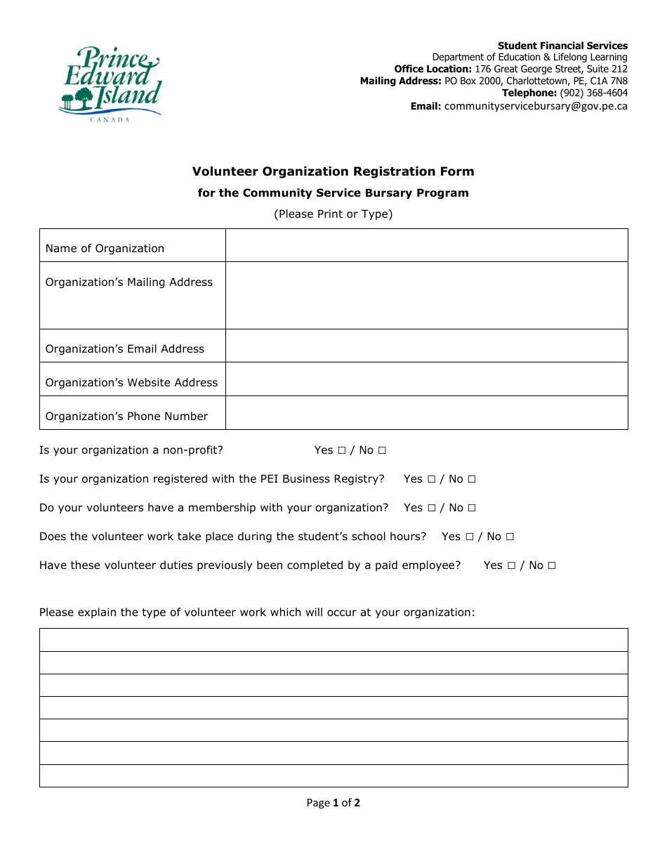 Volunteer Organization Registration Form for the Community Service Bursary Program - Prince Edward Island, Canada, Page 1