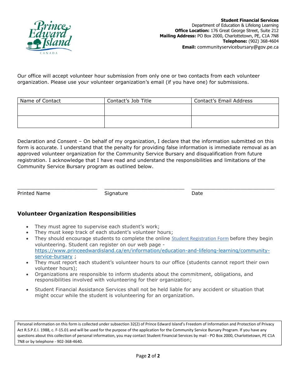 Volunteer Organization Registration Form for the Community Service Bursary Program - Prince Edward Island, Canada, Page 2